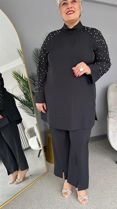 Selma Büyük Beden Yırtmaç Detaylı İncili Takım