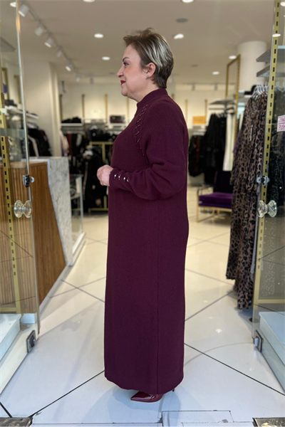 Selma Büyük Beden Yüksek Yaka İşlemeli Triko Elbise