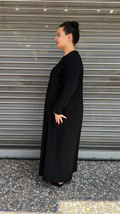 Selma Büyük Beden Zarif İnci İşleme Detaylı Siyah Elbise