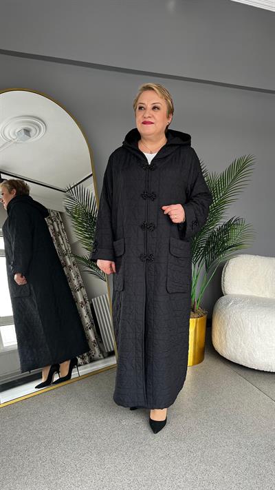 Selma Büyük Beden Zarif İşlemeli Siyah Pardesü