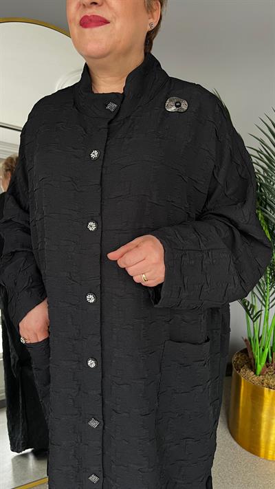 Selma Büyük Beden Zarif ve Şık Siyah Uzun Pardesü