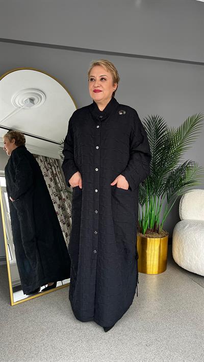 Selma Büyük Beden Zarif ve Şık Siyah Uzun Pardesü