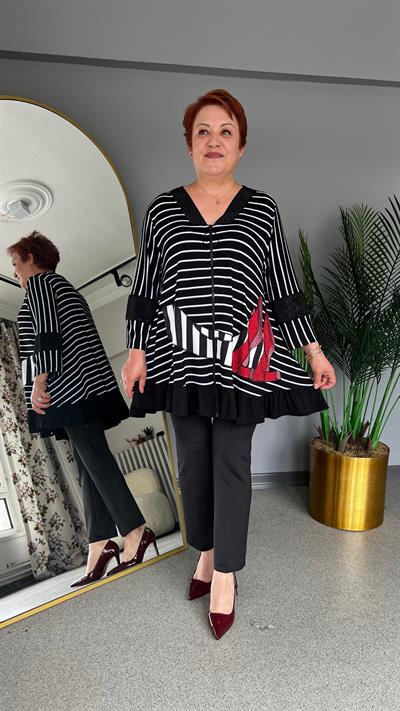 Selma Büyük Beden Çizgili Hırka/Bluz