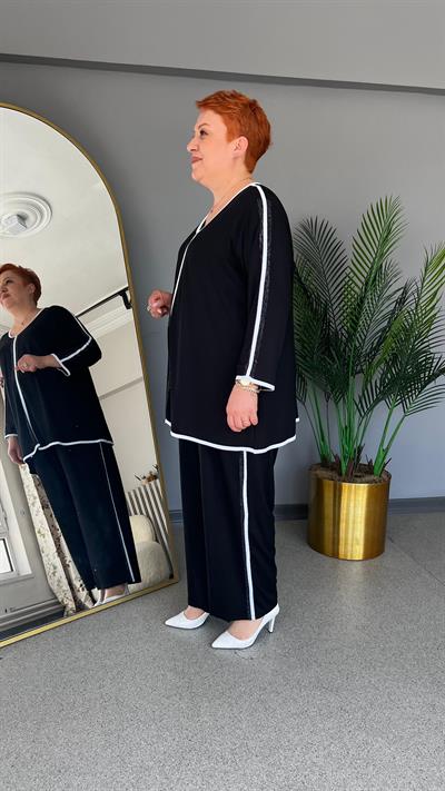 Selma Büyük Beden Şerit Detaylı Taşlı Takım