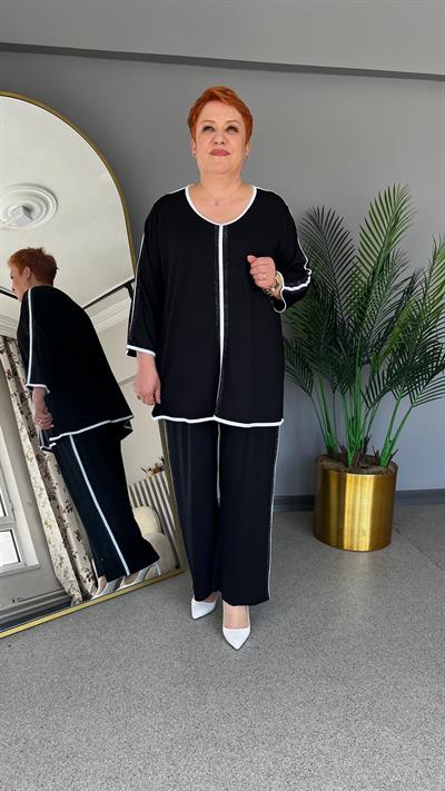 Selma Büyük Beden Şerit Detaylı Taşlı Takım