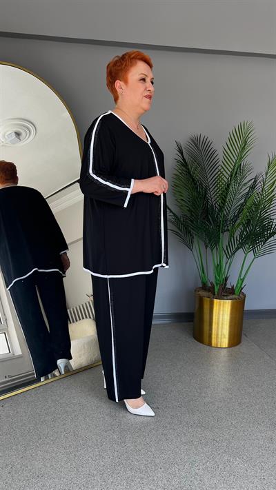 Selma Büyük Beden Şerit Detaylı Taşlı Takım