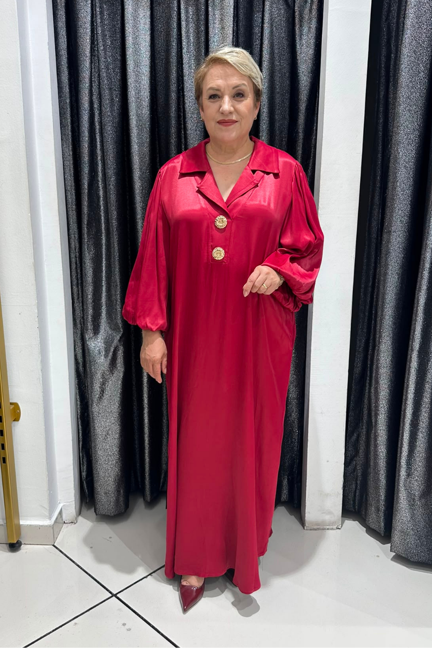 Selma Büyük Beden A Kesim Balon Kol Saten Elbise
