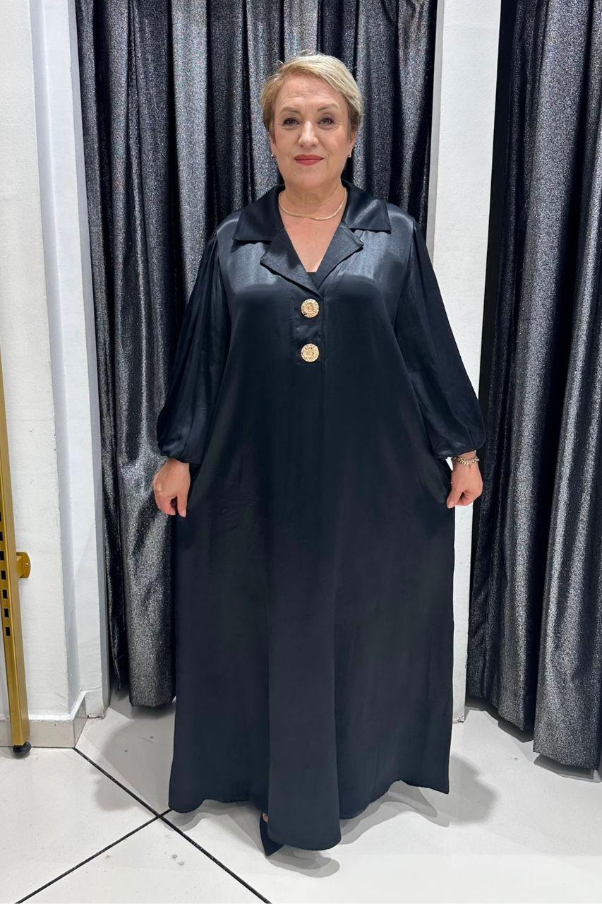 Selma Büyük Beden A Kesim Balon Kol Saten Elbise