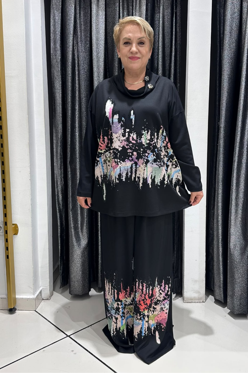 Selma Büyük Beden Abstrakt Desenli Rahat Kesim Takım