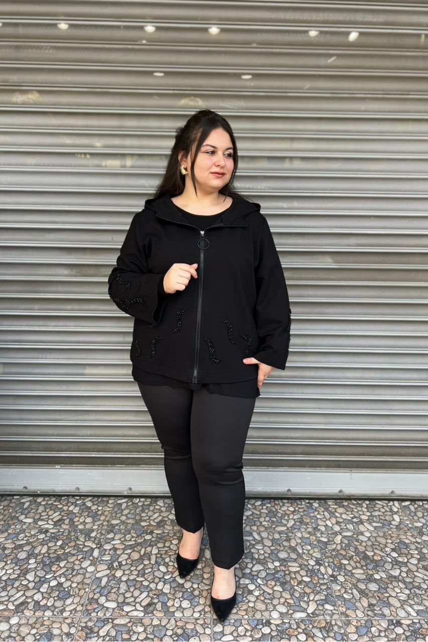Selma Büyük Beden Boncuk İşlemeli Kapüşonlu Hırka