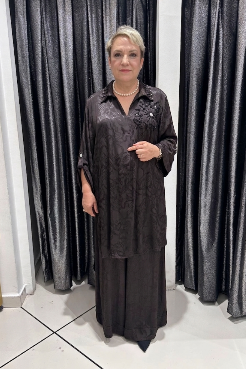 Selma Büyük Beden Boncuk İşlemeli Pamuk Saten Altlı Üstlü Takım