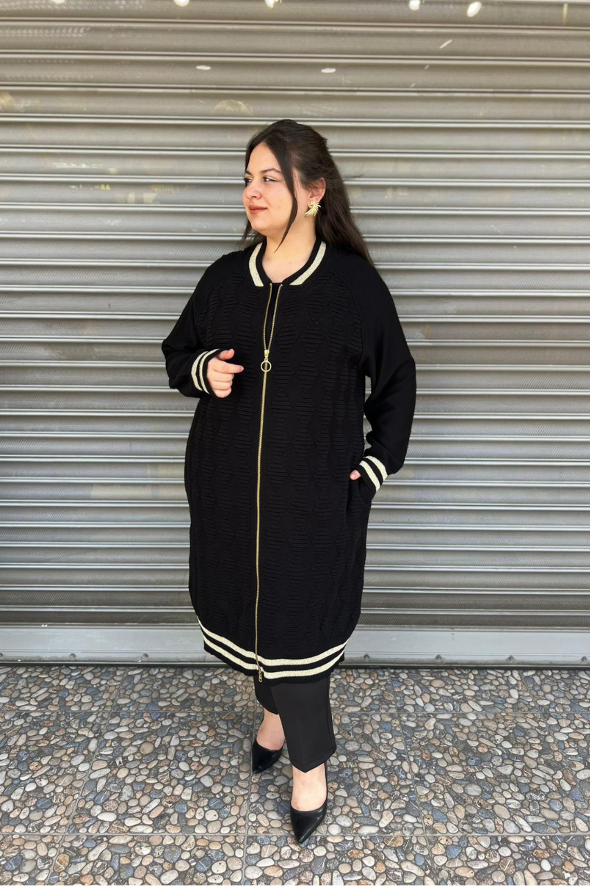 Selma Büyük Beden Cepli Fermuarlı Triko Uzun Kap