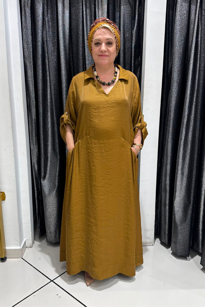 Selma Büyük Beden Cepli V Yaka Elbise + Hediye Şal