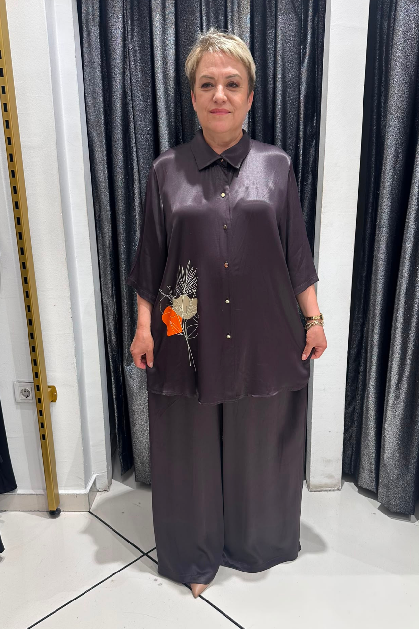 Selma Büyük Beden Çiçek Detaylı Saten Takım