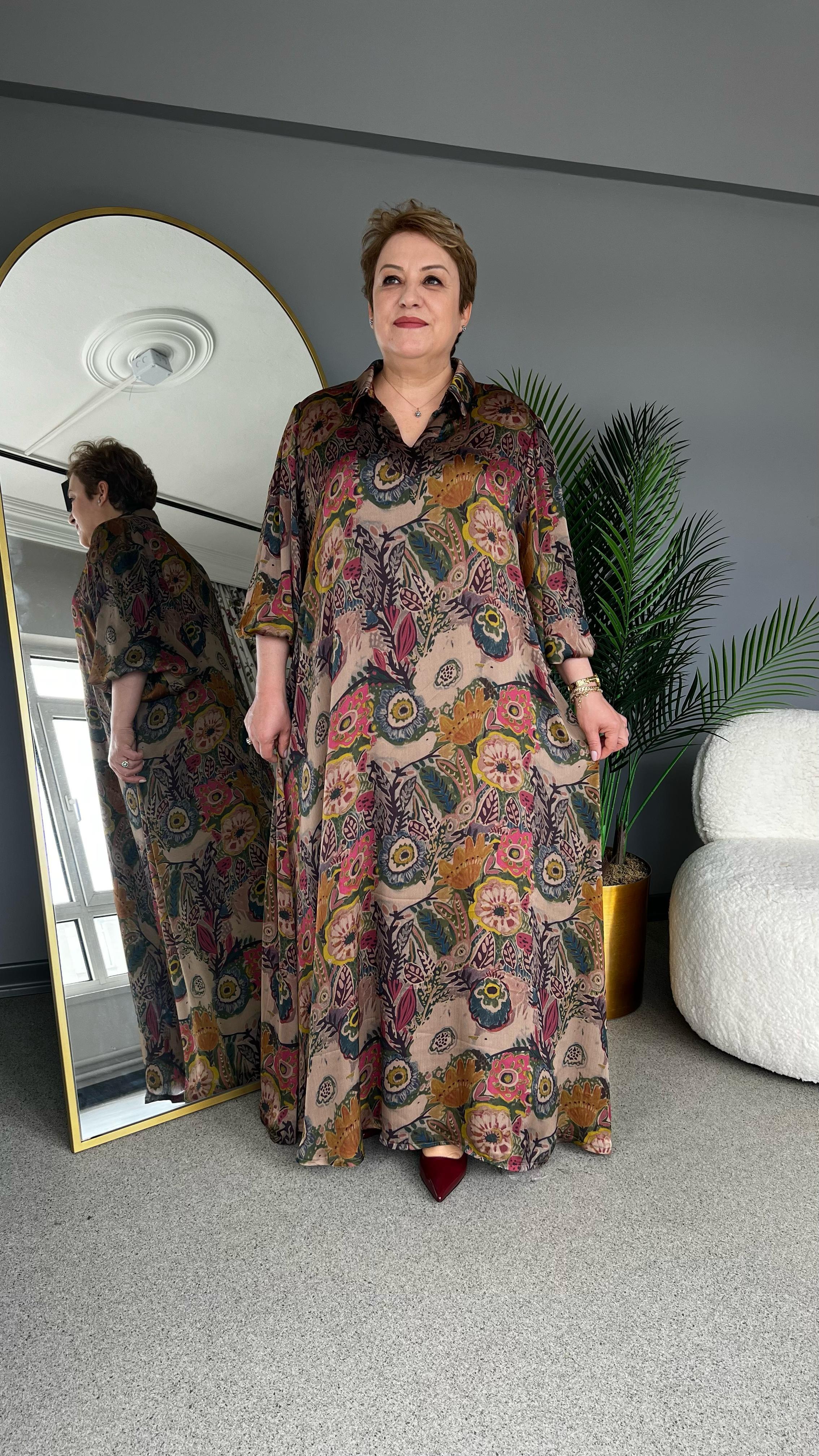 Selma Büyük Beden Çiçek ve Yaprak Desenli Elbise