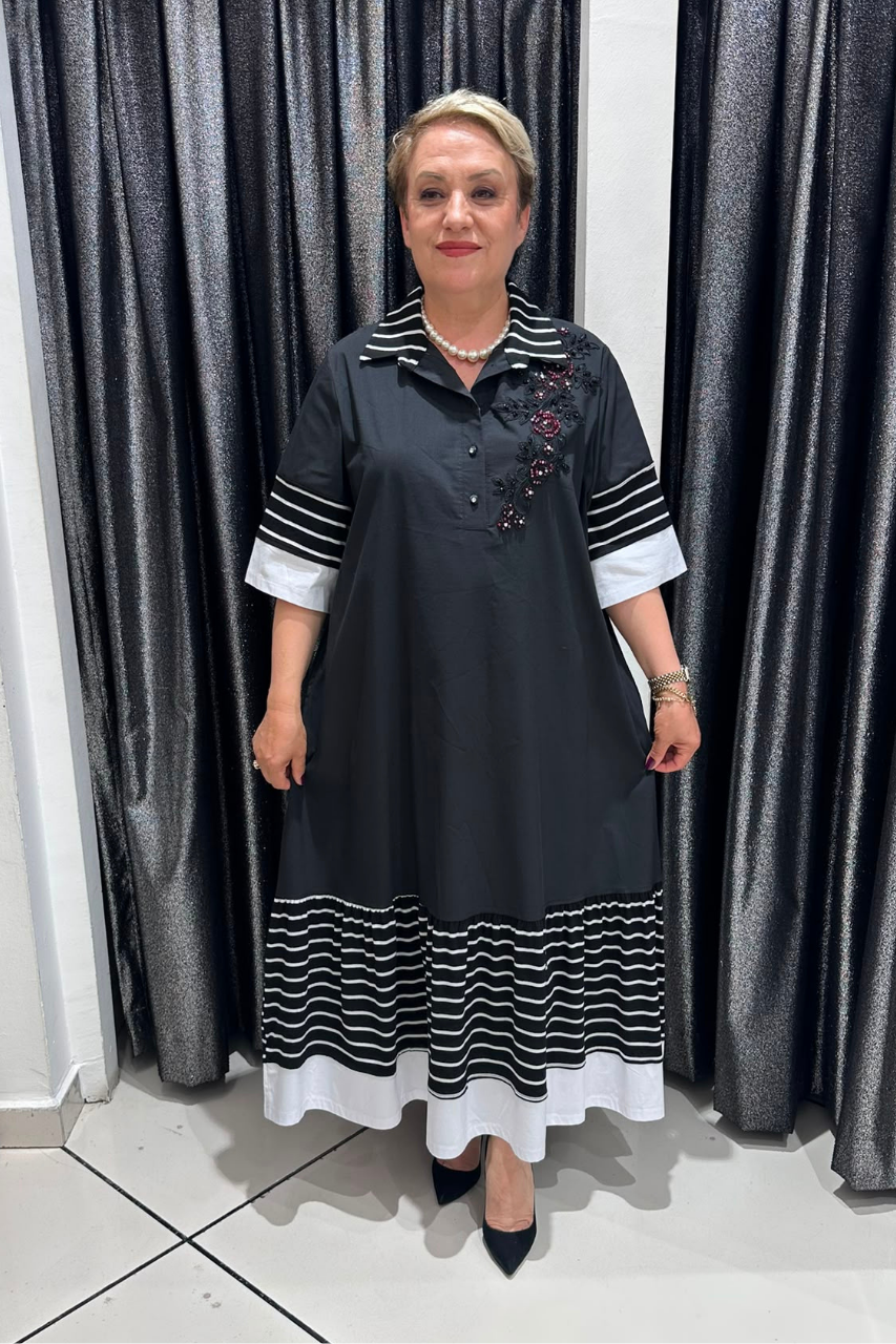 Selma Büyük Beden Çizgili Yaka ve Manşet Elbise