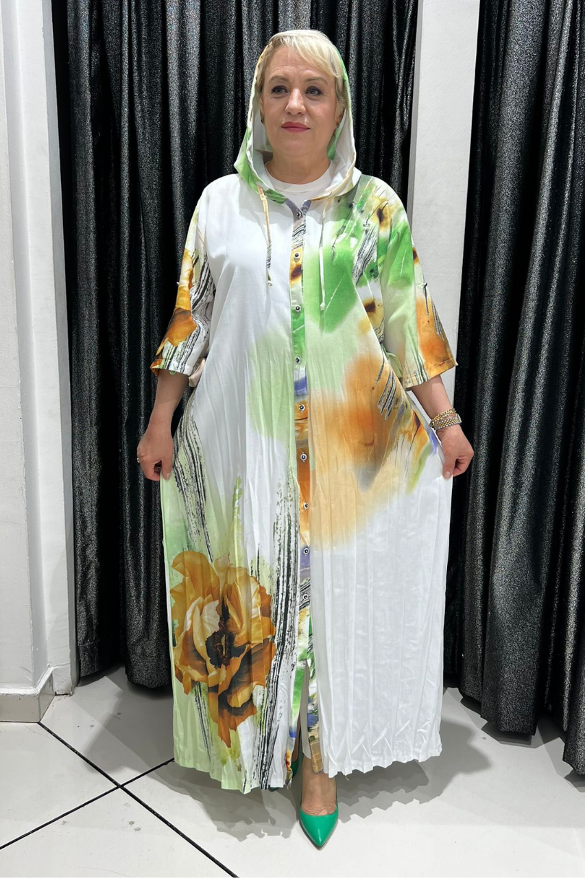 Selma Büyük Beden Çok Amaçlı Çiçek Desenli Kapüşonlu Hırka/Elbise