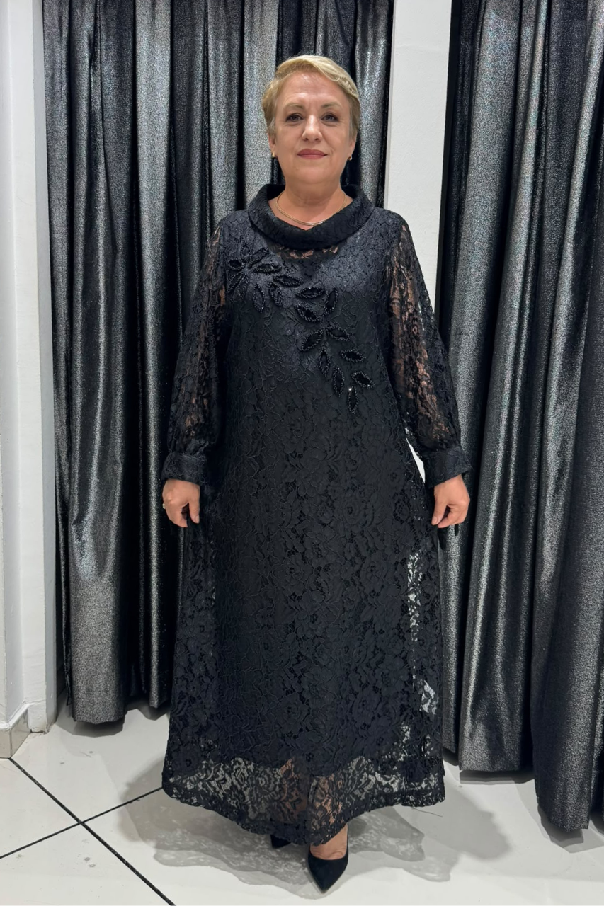 Selma Büyük Beden Dantel Detaylı İçlikli Elbise