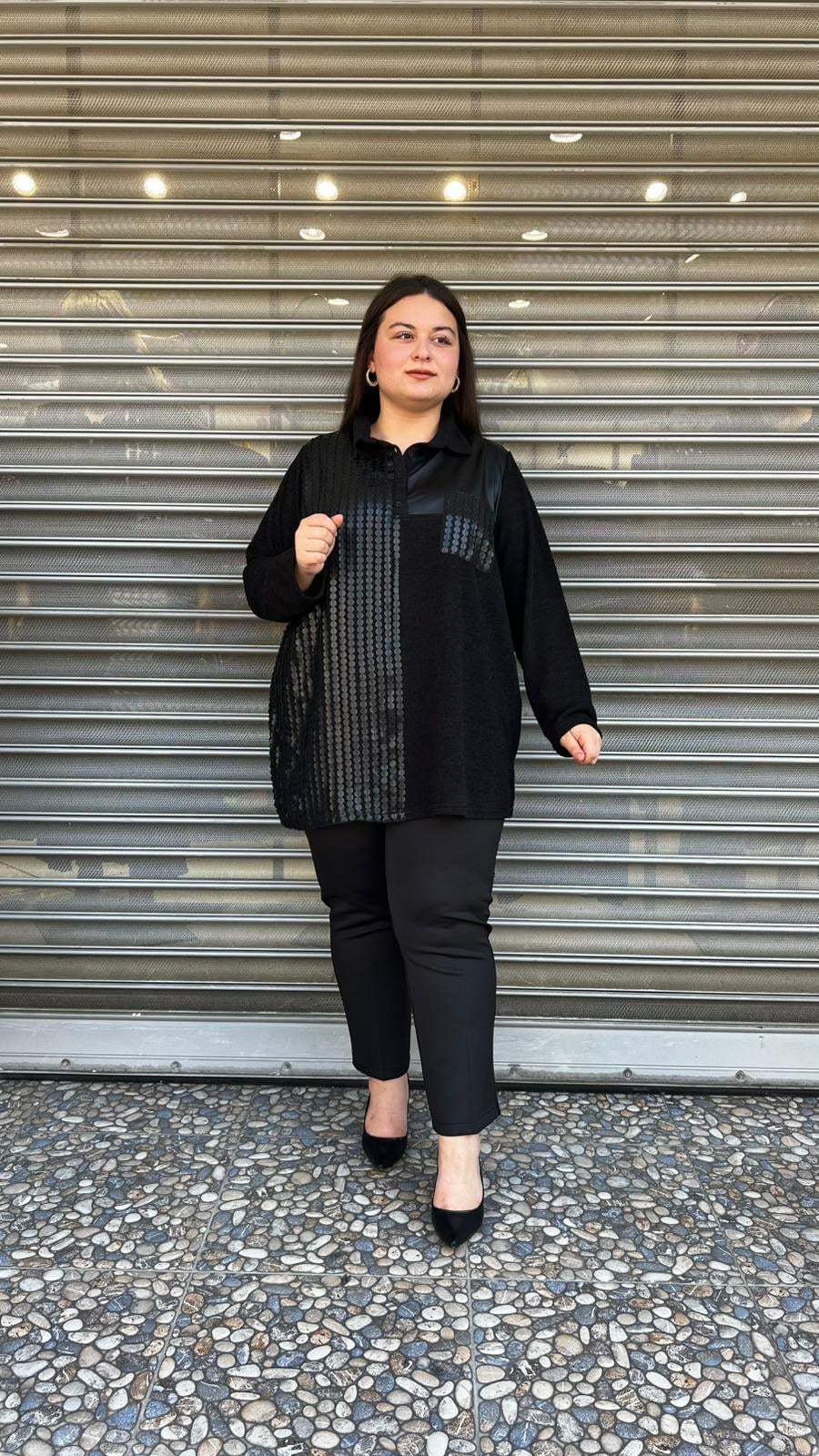Selma Büyük Beden Deri Detaylı Siyah Tunik