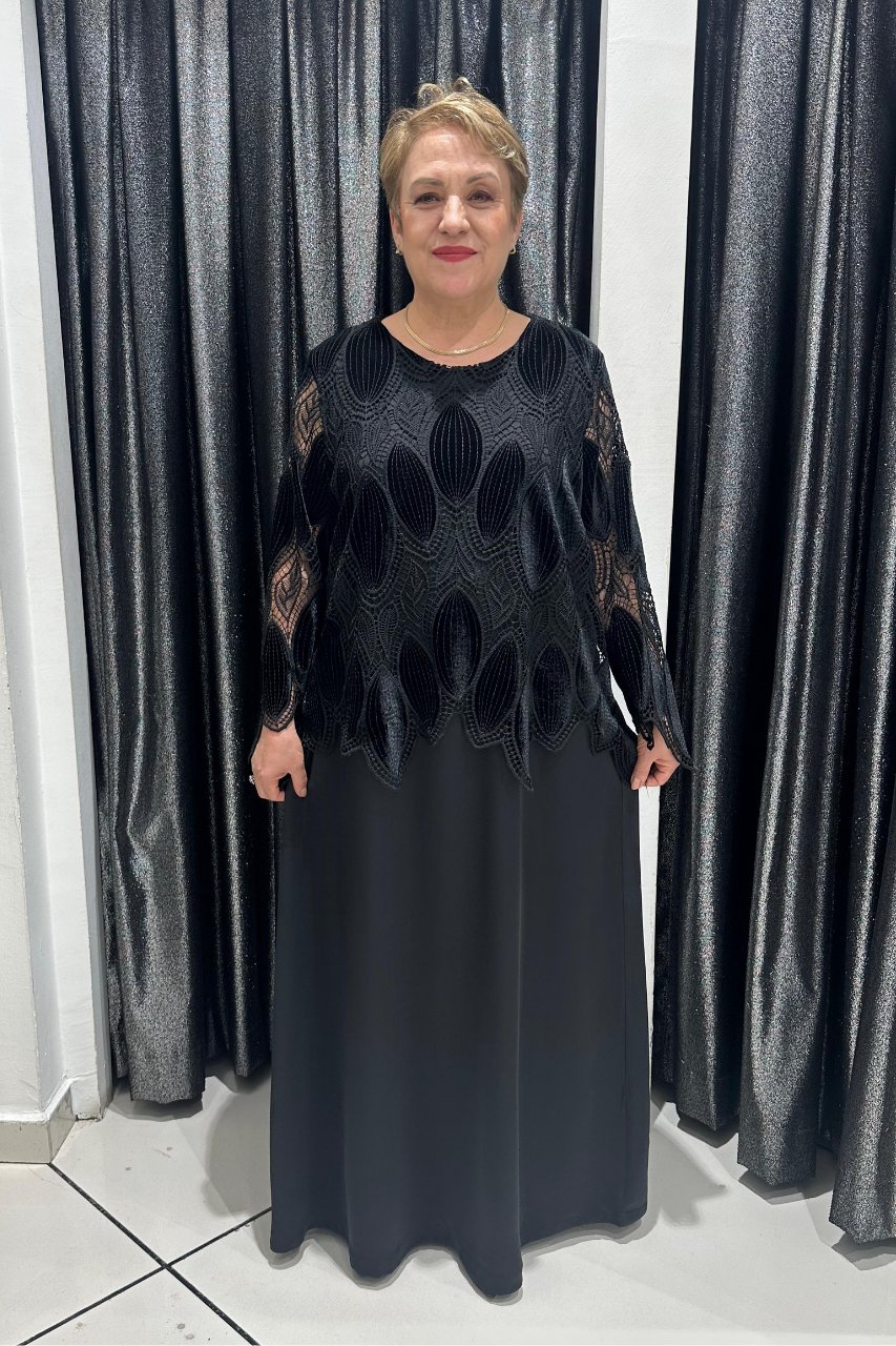 Selma Büyük Beden Desenli Kadife Üstlü Tek Parça Saten Elbise