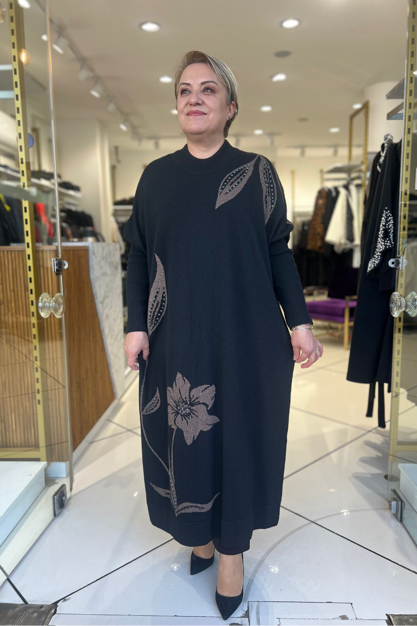 Selma Büyük Beden Doğal Desenli Uzun Elbise