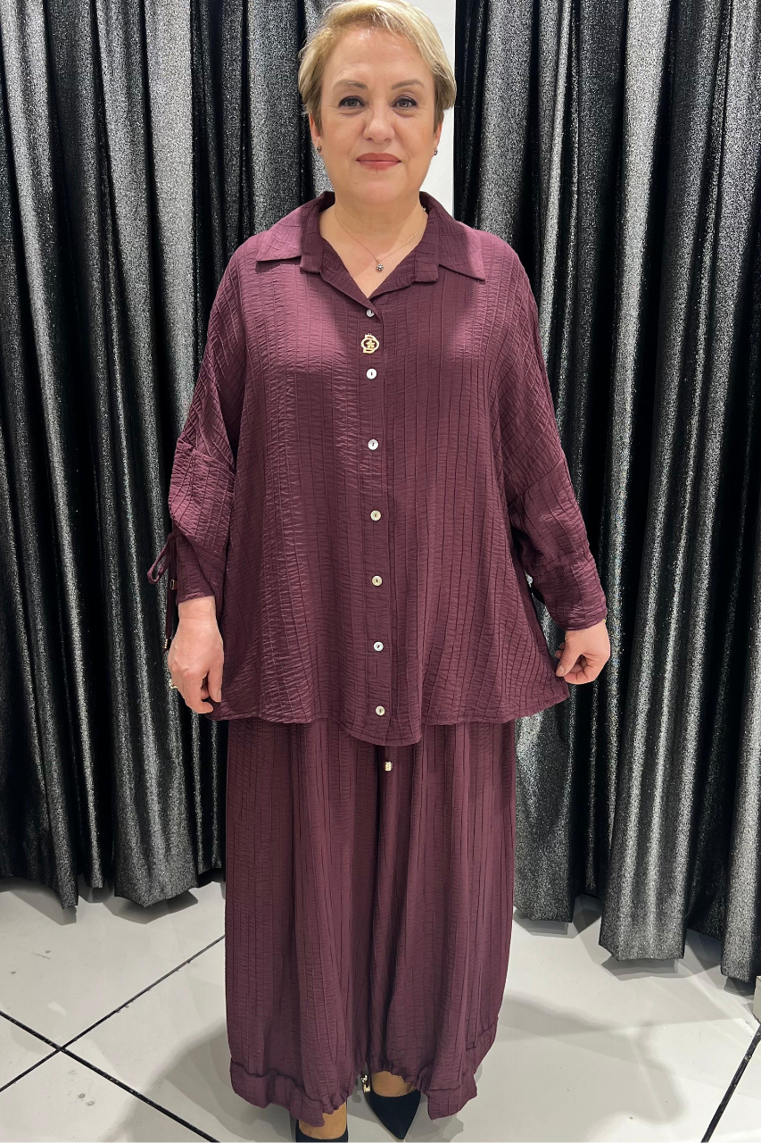 Selma Büyük Beden Düğmeli Gömlek ve Pantolon Takım