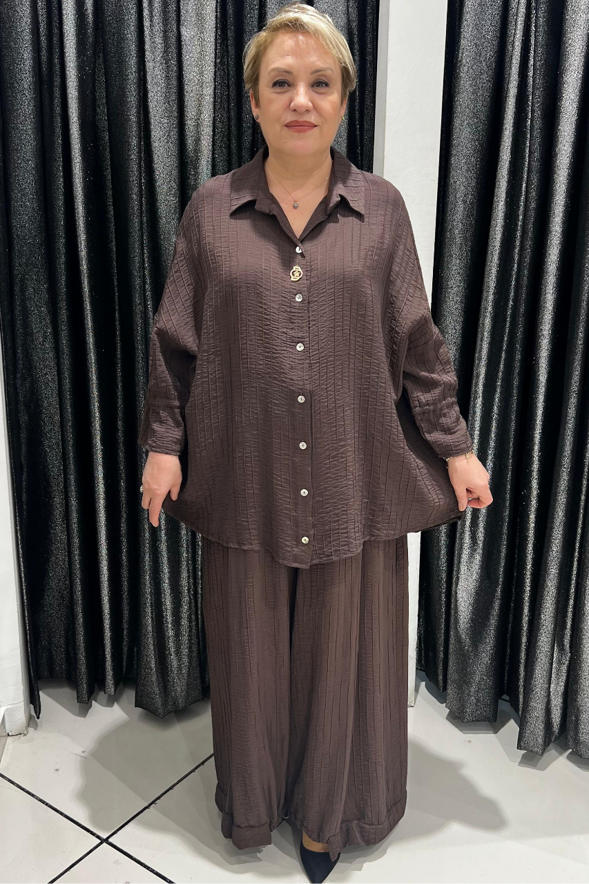 Selma Büyük Beden Düğmeli Gömlek ve Pantolon Takım