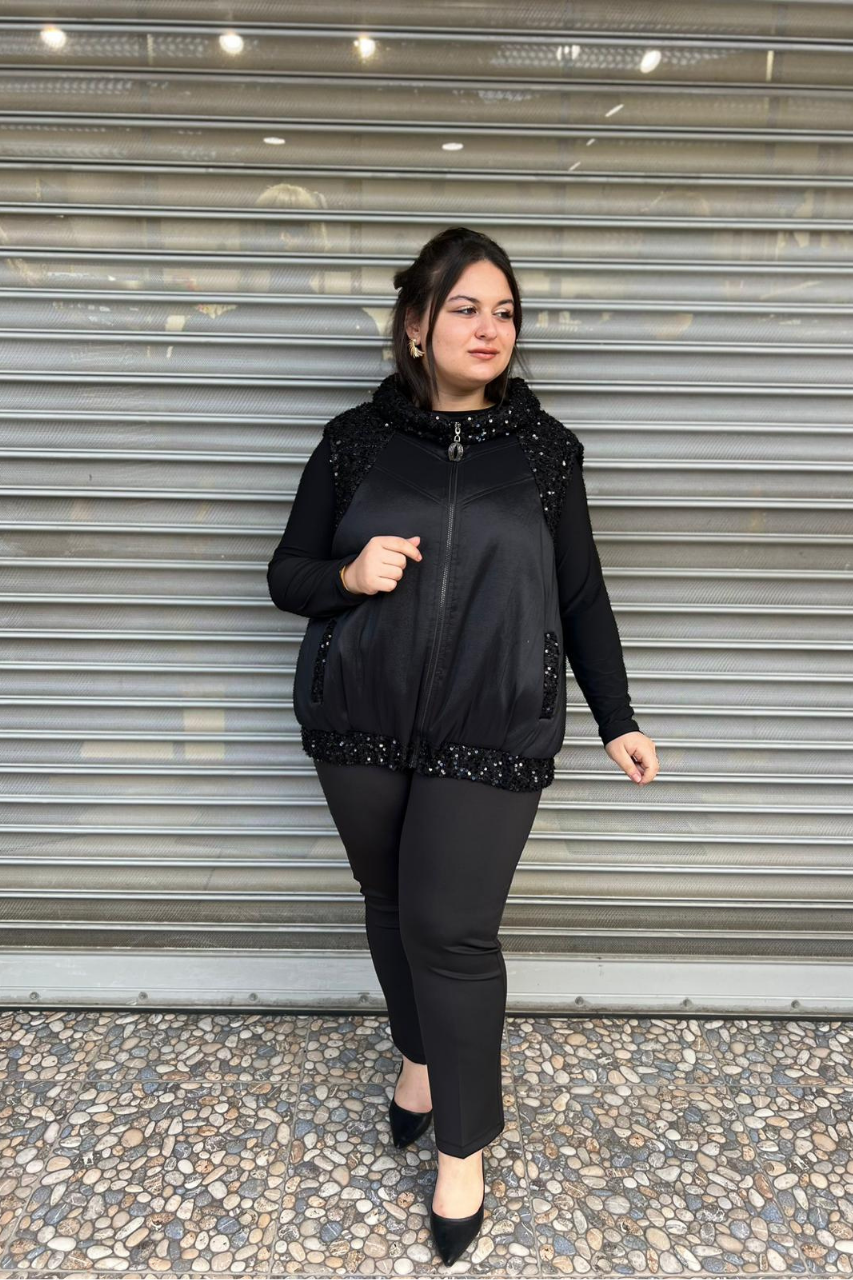 Selma Büyük Beden Elyaflı Pul Payetli Yelek