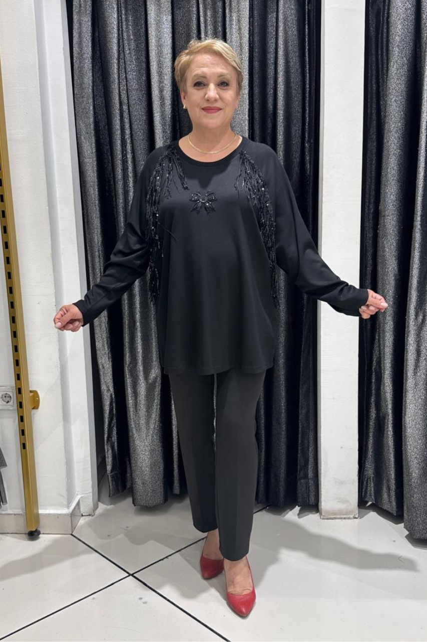 Selma Büyük Beden Fiyonk ve Püskül Detaylı Bluz