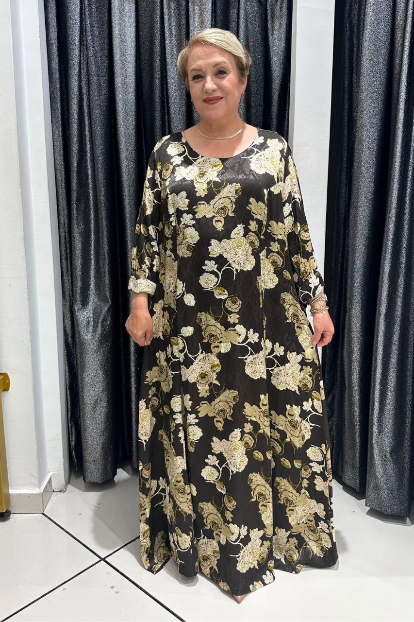 Selma Büyük Beden Floral Desenli Pamuk Saten Elbise