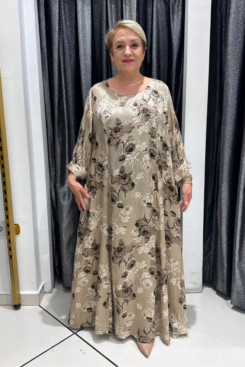 Selma Büyük Beden Floral Desenli Pamuk Saten Elbise