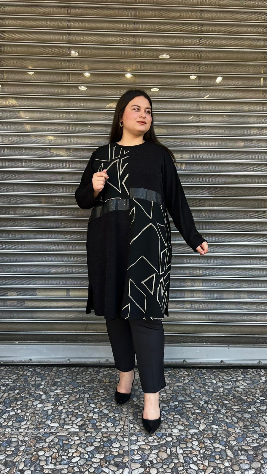 Selma Büyük Beden Geometrik Desenli Siyah Tunik