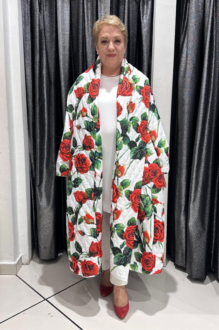 Selma Büyük Beden Gül Baskılı Kapitone Dış Giyim Kap
