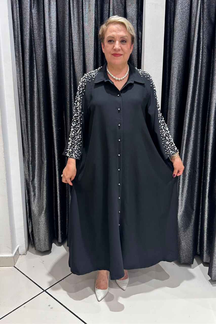 Selma Büyük Beden İnci Detaylı Düğmeli Elbise