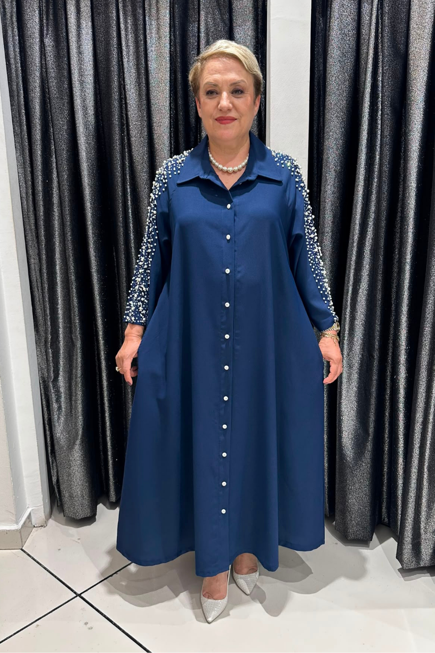 Selma Büyük Beden İnci Detaylı Düğmeli Elbise