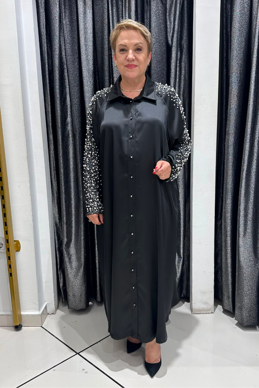 Selma Büyük Beden İnci Detaylı Pamuk Saten İçlikli Gömlek Elbise