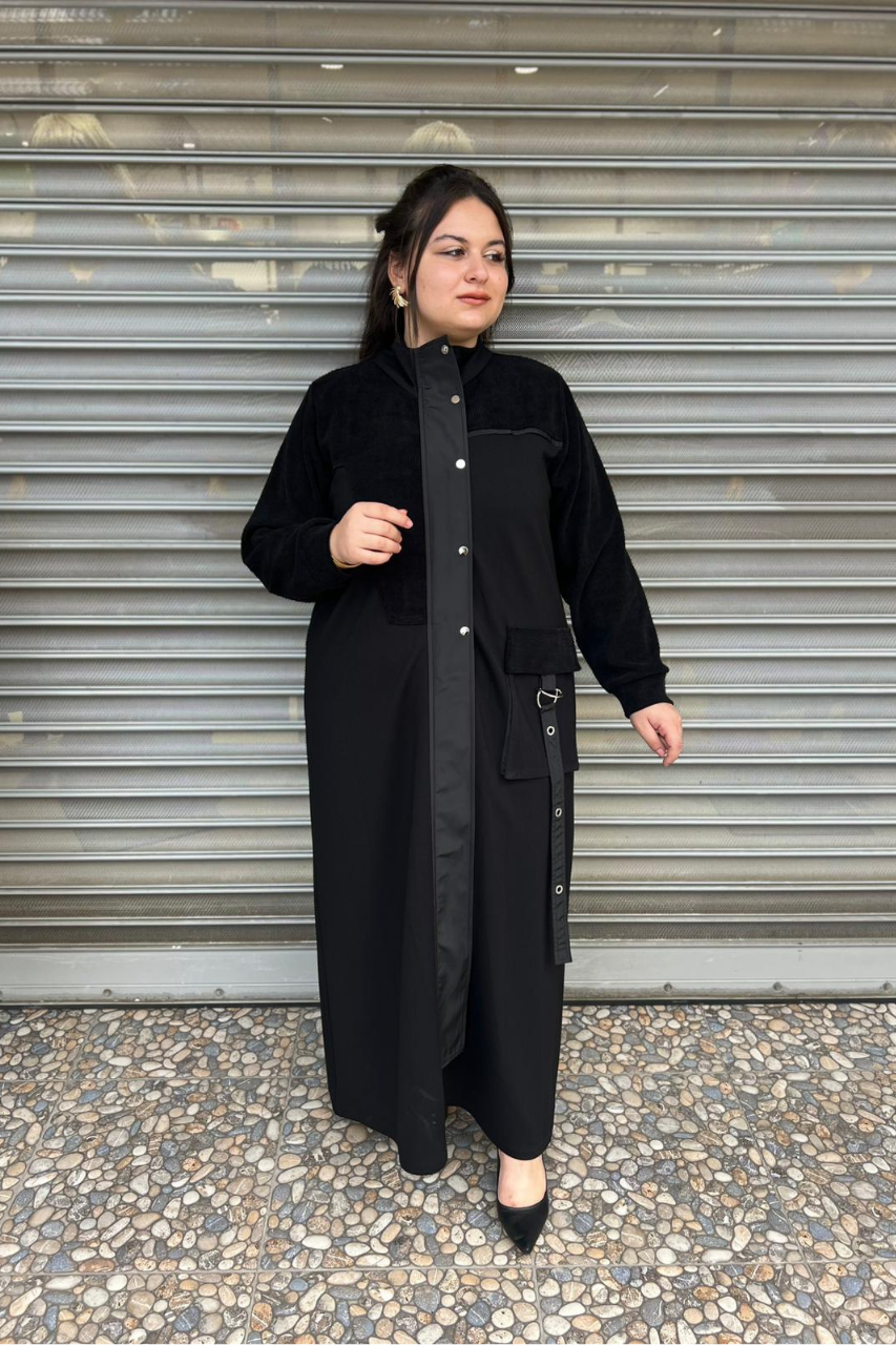 Selma Büyük Beden Kadife Detaylı Ferace/Pardesü