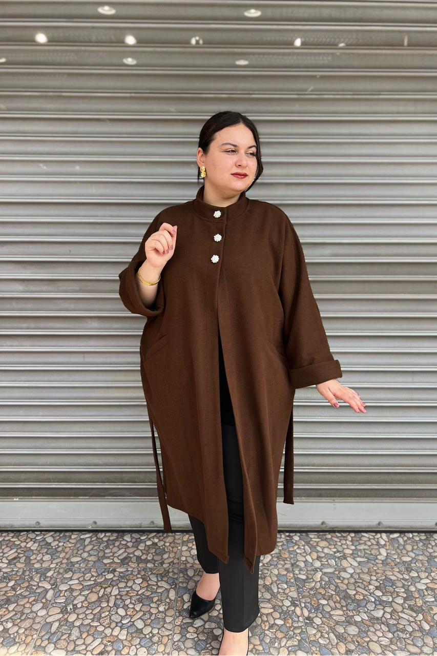 Selma Büyük Beden Kaşe Astarsız Yarasa Kol Kaban