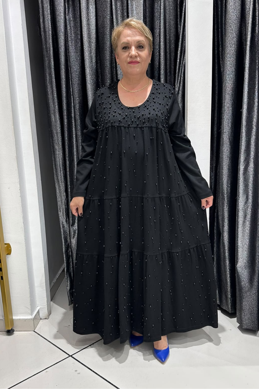 Selma Büyük Beden Katmanlı Tasarım İnci Süslemeli Elbise