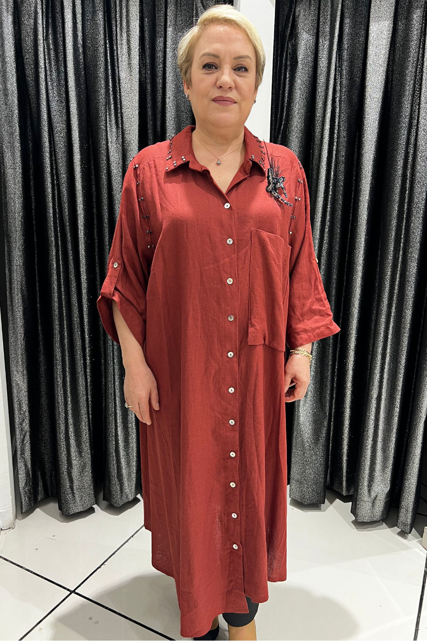 Selma Büyük Beden Kelebek Broşlu Keten Gömlek/Elbise