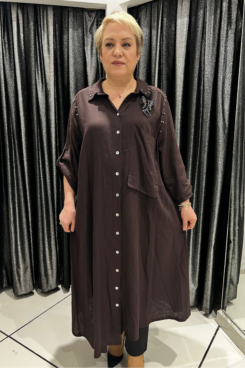Selma Büyük Beden Kelebek Broşlu Keten Gömlek/Elbise