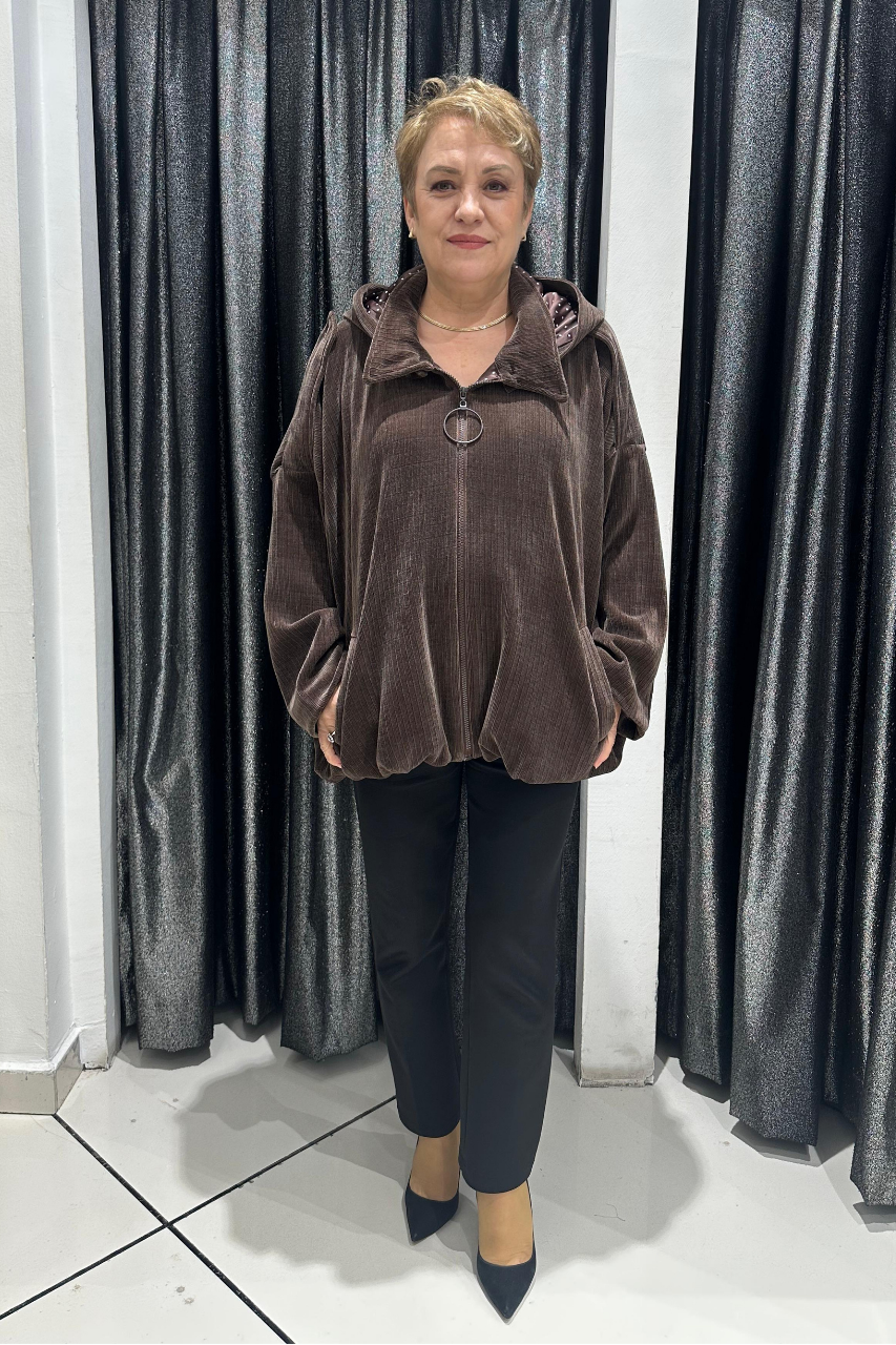 Selma Büyük Beden Kendinden Fitilli Kapüşonlu Kadife Mont