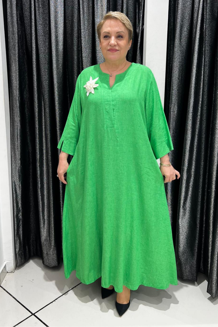 Selma Büyük Beden Keten Çiçek Detaylı Elbise