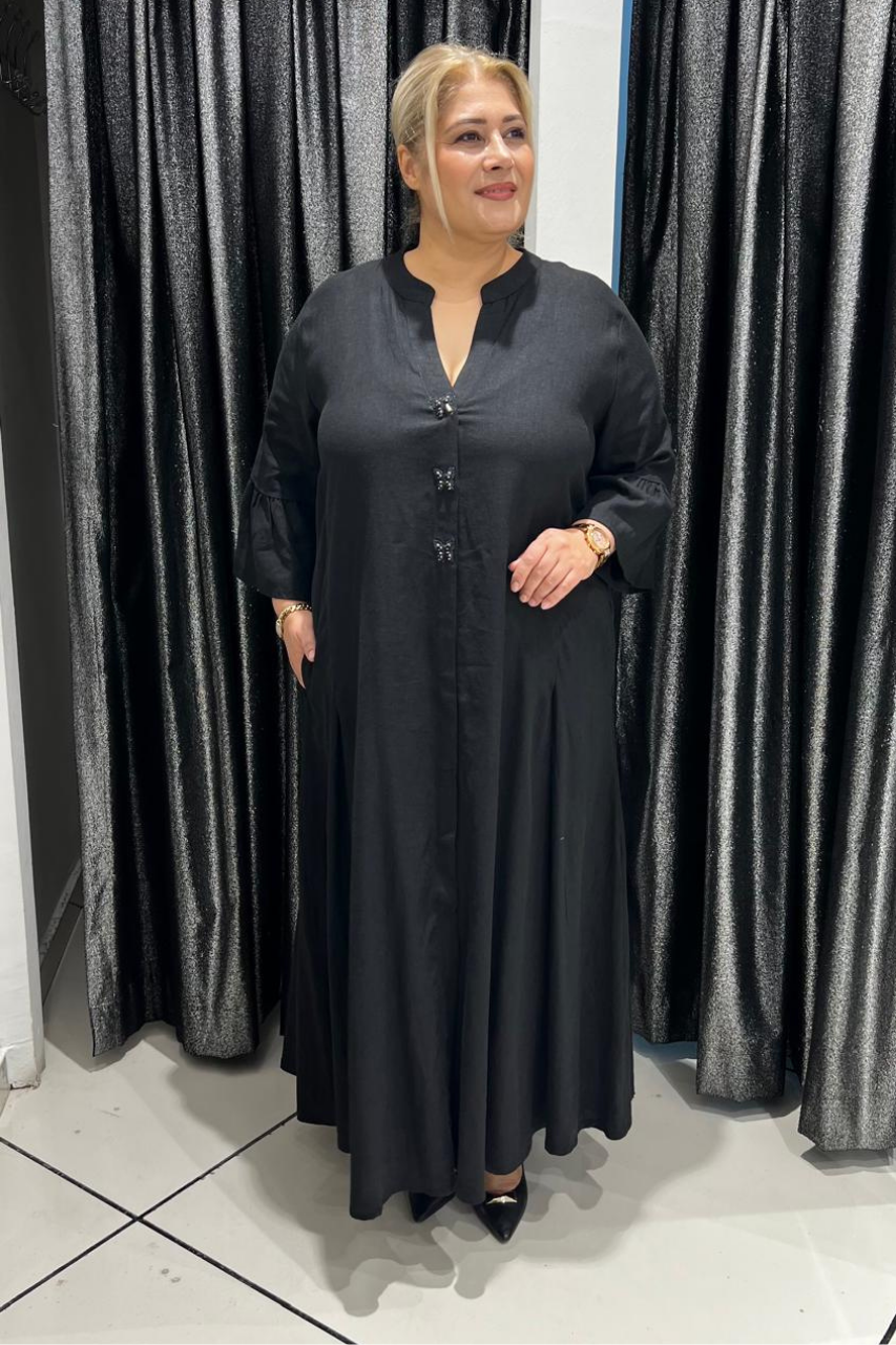 Selma Büyük Beden Keten Ön Düğmeli ve Arka Nakışlı Elbise