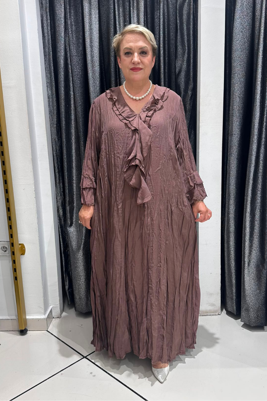 Selma Büyük Beden Kırışık Dokulu Volanlı Elbise