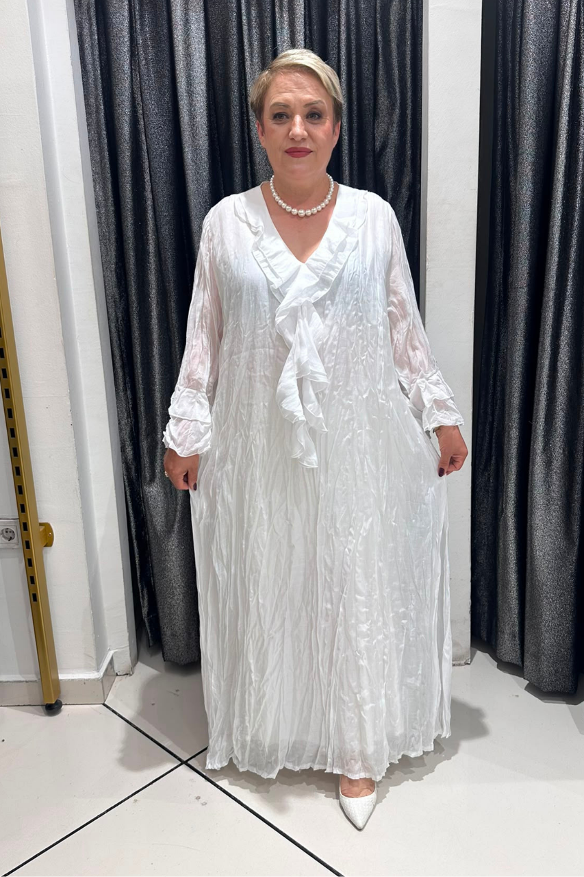 Selma Büyük Beden Kırışık Dokulu Volanlı Elbise