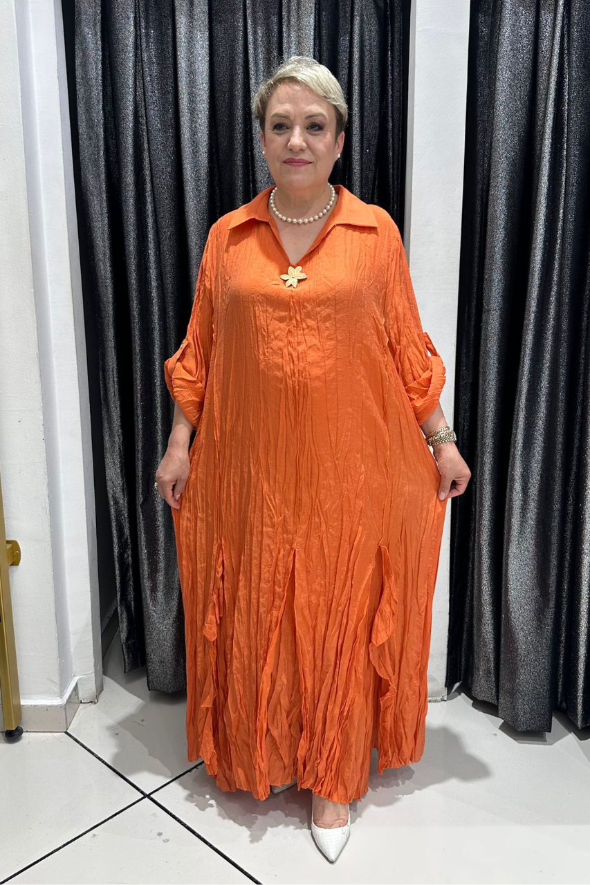 Selma Büyük Beden Kırışık Dokulu Yakalı Elbise