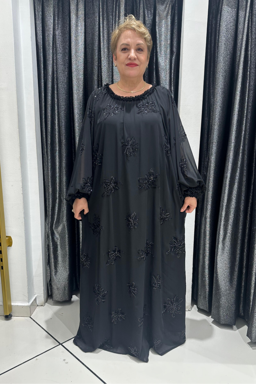 Selma Büyük Beden Kolsuz İçlikli Taş İşleme Detaylı Şifon Elbise