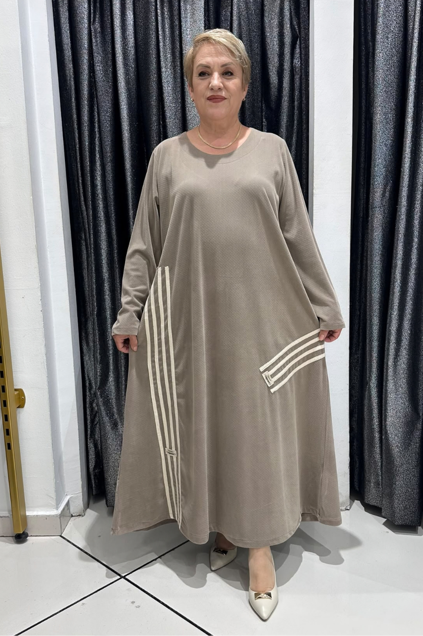 Selma Büyük Beden Kontrast Detaylı Fitilli Kadife Elbise
