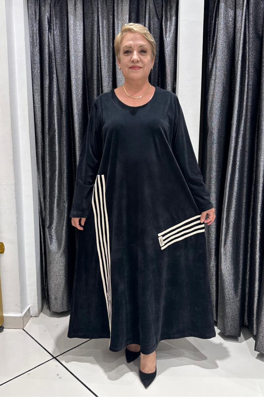 Selma Büyük Beden Kontrast Detaylı Fitilli Kadife Elbise